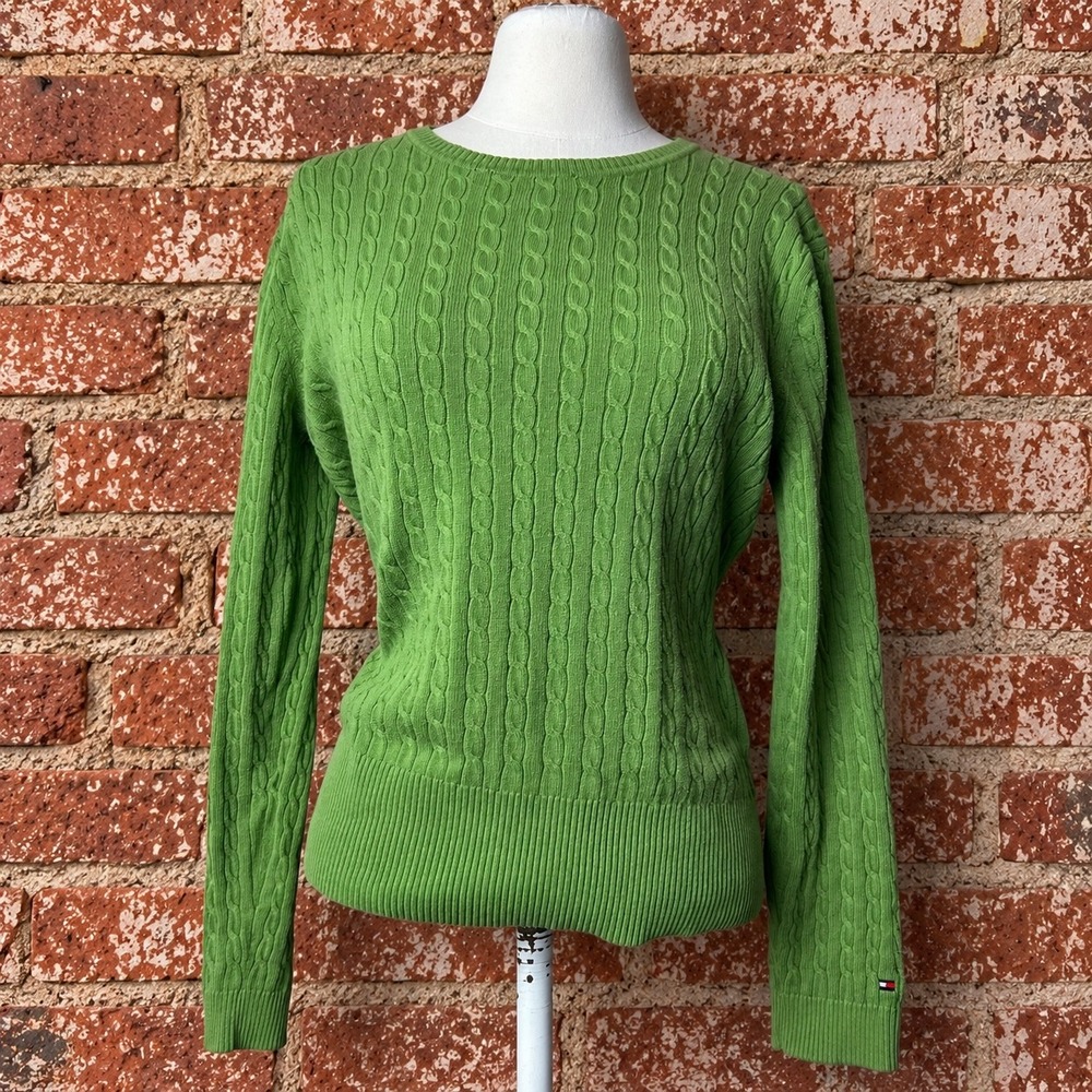 Y2K VTG Tommy Hilfiger Cable Knit Crew Neck Sweater L Preppy Fall Old Money